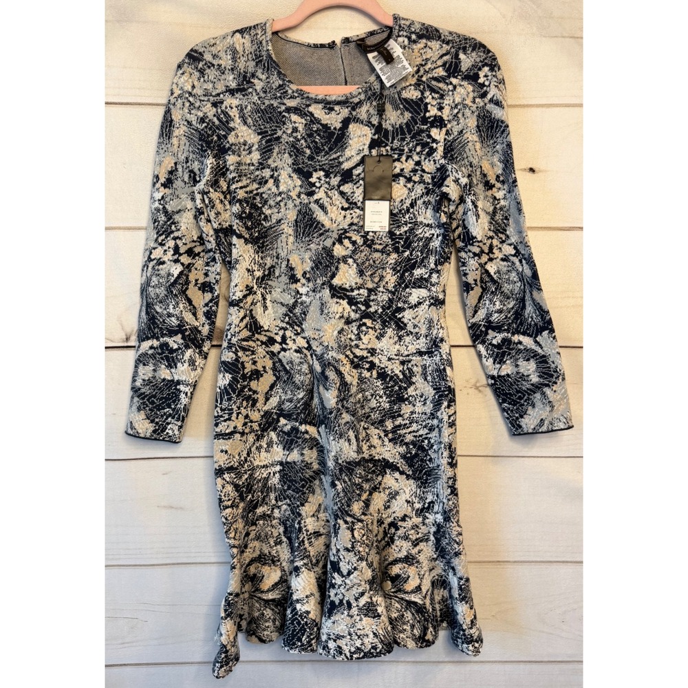 BCBGMAXAZRIA Women Navy Cream Abstract Jacquard Knit Flounce Hem Dress S NEW